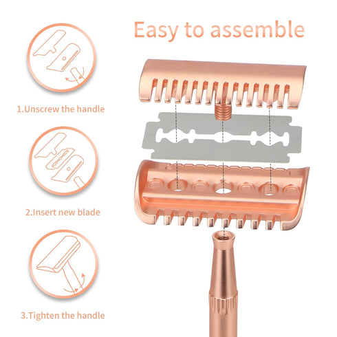 Rose Gold Safety Razor for Women and Men, Single Blade Metal Razors with 10 Double Edge Blades, Open Comb Razor