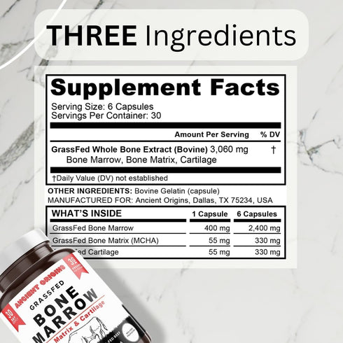 Ancient Origins Grass Fed Bone Marrow Supplement - 3060mg for Skin, Oral Health, and Joint Support, 180 Capsules