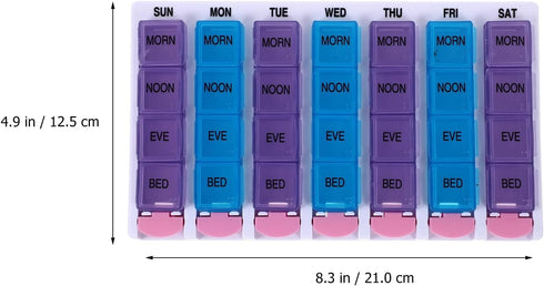 YOSADIER 28-Compartment Colorful Pill Organizer Box, Weekly Medicine Storage Case with Push-Button Flip Lid, Portable