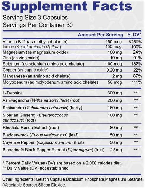 Thyroid Support - Ltyrosine, Iodine, Vitamin B12 Complex, Zinc, Selenium, Ashwagandha, Copper & More 30 Day Supply