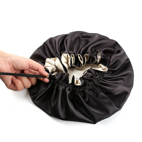 Satin Bonnet for Women | Large Sleeping Cap for Long Curly Hair | Adjustable Night Cap (Double Layer Black/Champagne)
