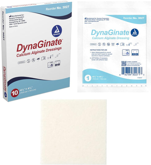 Dynarex DynaGinate Calcium Alginate Wound Dressing, Sterile Non-Stick Pads, 4.25"x 4.25", Box of 10