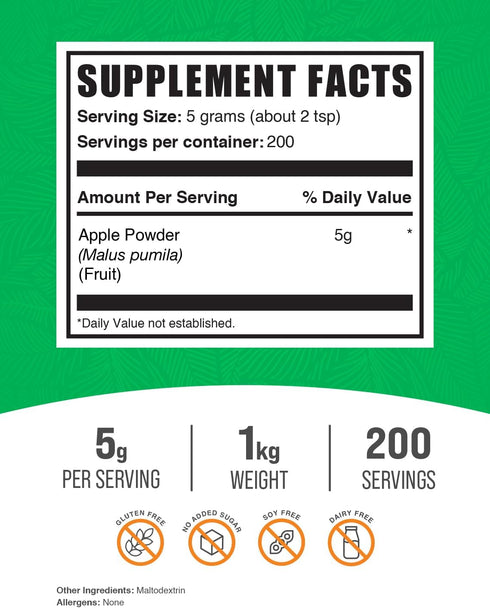 BulkSupplements.com Apple Powder - Natural Gluten Free Superfood for Digestive Support, 5g per Serving, 1kg