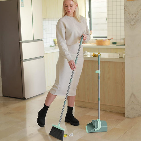 Broom and Dustpan Set with Long Handle, Dustpan Comb, Jade Green Broom and Dustpan Combo for Home