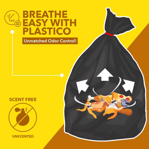 Plastico Large Trash Bags, 30 Gallon, Black, 28 Garbage Bags, Extra Strong, Easy Drawstrings, Odor Guard Control,