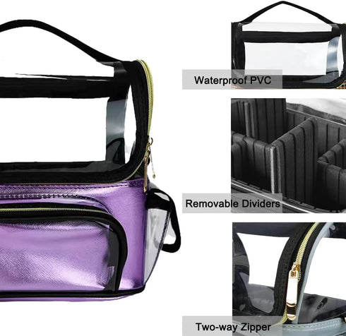 Makeup Brush Case, Clear Makeup Bags with Multiple Pockets, Waterproof Travel Organizer with Removable Dividers, Purple