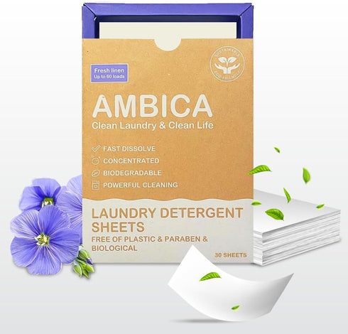 Ambica Travel Laundry Detergent Sheets, 30 Sheets, Non-Toxic, Hypoallergenic, Plant-Based, Up to 60 Loads