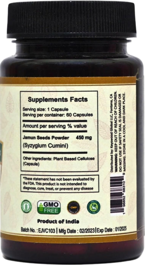 Jamun 60 Capsule Count Dietary Supplement (Syzygium Cumini) Made with 100% Natural Jamun Seed Powder