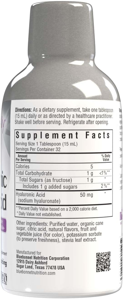 Bluebonnet Nutrition Beautiful Ally Liquid Hyaluronic Acid, Nurture Radiant Skin*, Non-GMO, Vegan, Kosher Certified, Gluten-Free, Soy-Free, Dairy-Free, Mixed Berry Flavor, 16 fl oz, 32 Servings