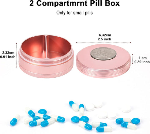 Metal Pill Case 2 Compartment, Waterproof Pill Box for Daily Travel, Compact Container for Vitamins, Fish Oils,