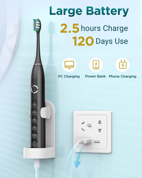 Upgraded Sonic Electric Toothbrush for Adults, Black, 8 Brush Heads, IPX7 Travel Case, 5 Modes, Smart Timer
