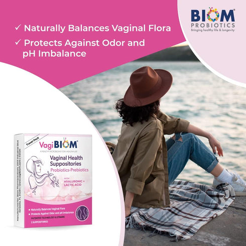 Pack 2 VagiBiom Probioitc Suppository Convenient Travel with Suppositories: Microbiome Flora Balance. Odor Control