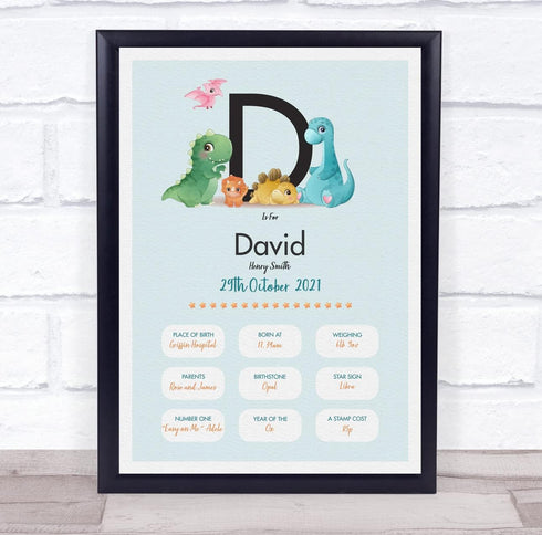 The Card Zoo New Baby Birth Details Christening Nursery Dinosaur Initial D Gift Print