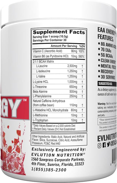 Evlution Nutrition EAA Energy Pre & Post Workout Powder, 7g Essential Amino Acids + 5g BCAAs, 30 Servings