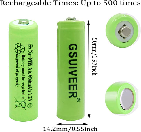 1.2v AA Nimh 600mAh Rechargeable Battery for Outdoor Solar Lights Garden Lamp (12 Pack)