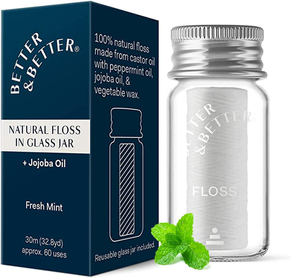 Better & Better Natural Floss in Refillable Glass Jar | 100% Plant-Based Waxed Dental Floss | Eco-Friendly Oral Care