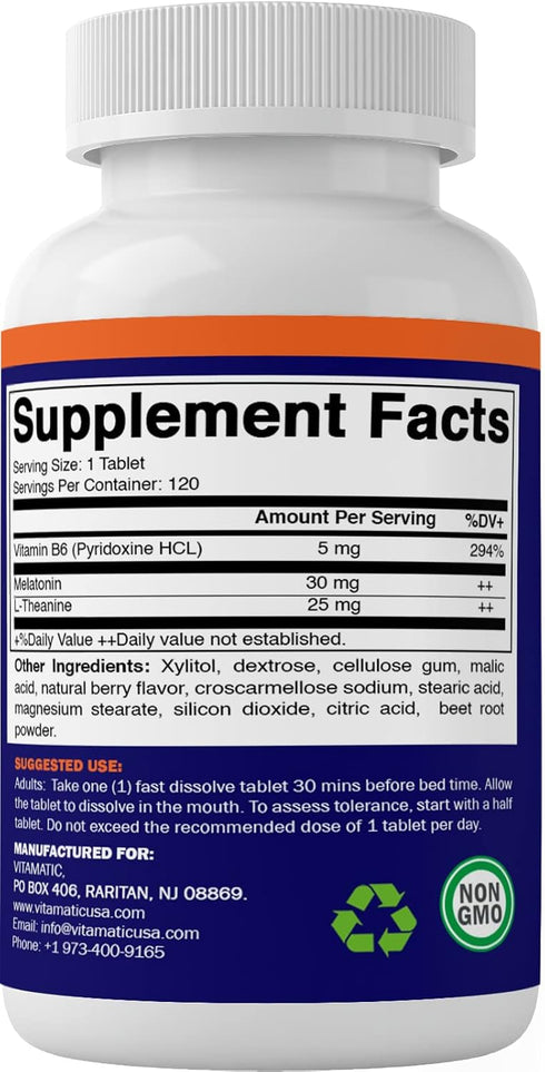 Vitamatic Melatonin 30mg with B6 & L-Theanine - 120 Fast Dissolve Tablets with Natural Berry Flavor (Pack of 2)