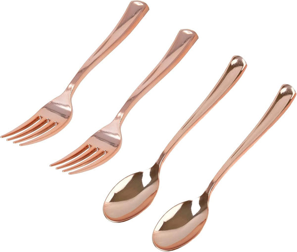 48Pcs Party Disposable Plastic Mini Forks and Spoons Set, Polished Gold Cutlery for Small Appetizers and Desserts