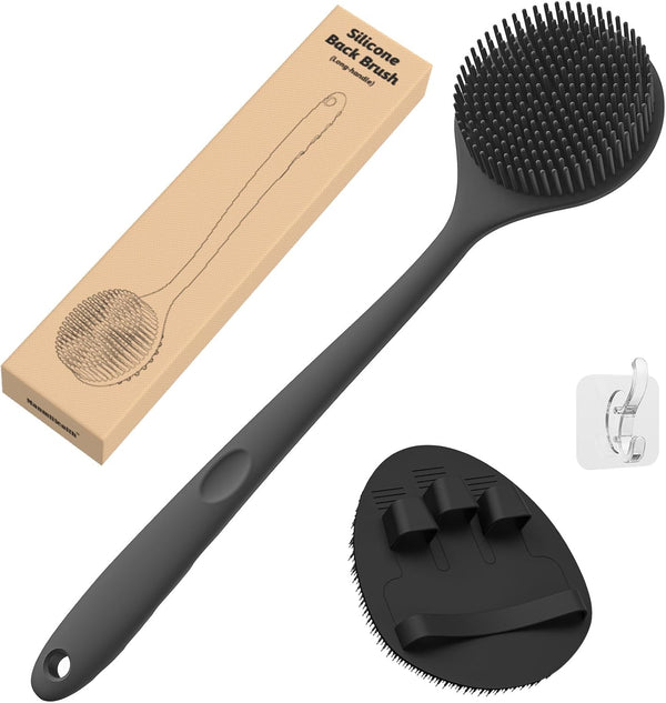 Silicone Back Scrubber & Soft Bath Glove Set, Super-Cleaning Body Scrubber with Free Hook (Black)