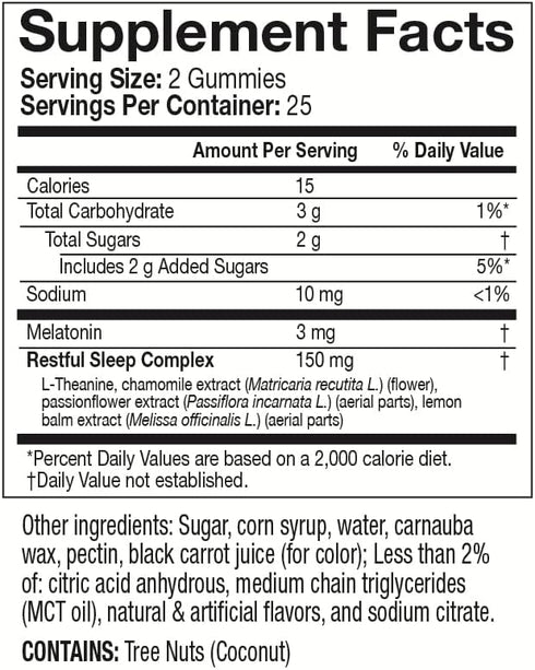 Gummy 3mg 50 Count Wellness Basics Melatonin for Restful Sleep | per Serving | Natural Sleep Support | BlackBerry Mint