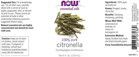 NOW Foods Essential Oil, Citronella, 4 Fluid Ounce + 1 Glass Dropper