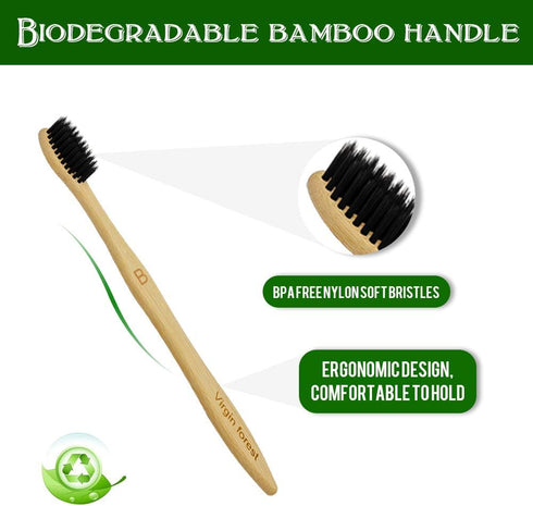 Virgin Forest Bamboo Toothbrushes, Eco Friendly BPA Free Soft Bristles, Biodegradable Natural Wooden Toothbrushes, Set