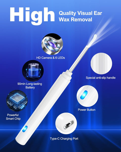Ear Wax Removal Tool Camera, Ear Cleaner with Camera, Ear Cleaning Kit 1296P HD Ear Scope with 6 LED Lights and 6 Ear