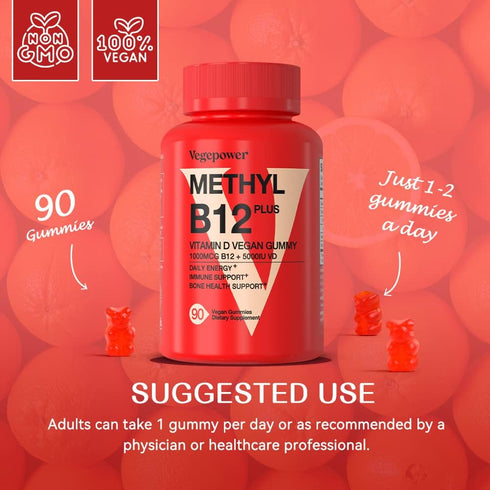 Vegan Vitamin B12 Gummies with Vitamin D - 90 Count, 1000 MCG Methyl B12 & D3, Supports Bone Health & Daily Energy