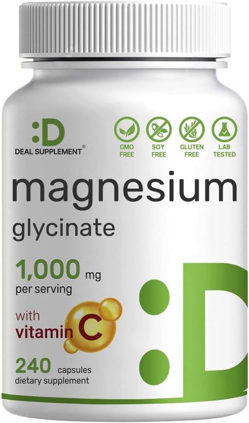 Magnesium Glycinate Plus Vitamin C, 100% Chelated for Absorption, Essential Mineral Supplement for Mood, Sleep, Heart