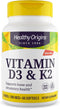 Healthy Origins Vitamin D3 & K2 Supplements, 50 mcg D3, 200 mcg K2, Non-GMO & Gluten-Free, 60 Softgels