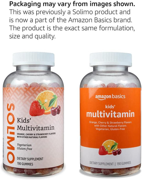 Amazon Basics Kids' Multivitamin Gummies, 190 Count | Orange, Cherry & Strawberry (Previously Solimo)