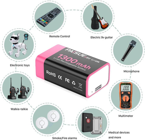 9V Rechargeable Batteries, 1300mAh High Capacity Lithium-ion with 2 in 1 USB C Fast Charging Cable, 2 Count