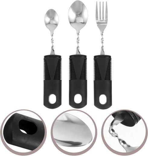 Beavorty Adaptive Utensils, 3pcs Curved Spoon Fork Set with Non-Handles for Elderly with Hand Tremors
