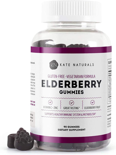 Kate Naturals Elderberry Gummies with Vitamin C and Zinc for Immune Support (90 Gummies, 45 Day Supply)