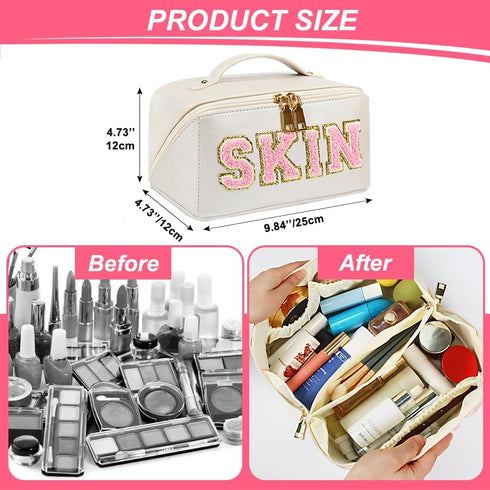 Large Capacity Travel Cosmetic Bag - Synthetic Leather Open Flat Makeup Bag with Dividers and Handle