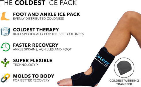 Coldest Foot Ankle Achilles Pain Relief Ice Wrap with 2 Cold Gel Packs - Best for Tendon Injuries & Sore Feet