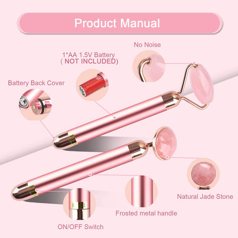 Upgrade 2 in 1 Vibrating Jade Facial Massager Roller, Electric Rose Quartz Eye Face Roller for Anti-Aging and Glowing