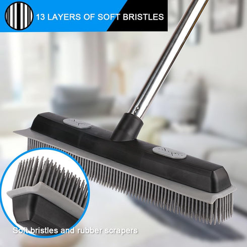 Pet Hair Rubber Broom with Carpet Rake and Squeegee, 2 in 1 Floor Brush, 58 Inch Adjustable Handle, Black