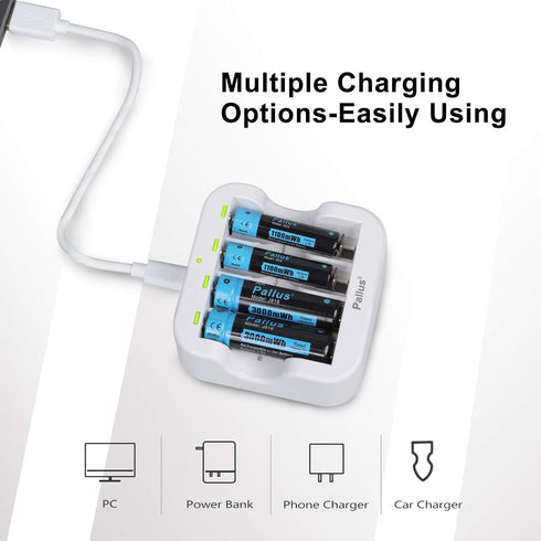 Pallus 4 Pack 3000mWh 4 Pack 1100mWh Rechargeable AA AAA Lithium Batteries, Li-ion AA Batteries and AAA Lithium