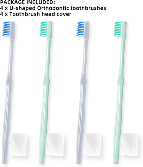 Y-Kelin 4 Pcs U-Shaped Orthodontic Toothbrush, Soft Bristle with 4 Toothbrush Head Covers for Effective Cleaning Teeth
