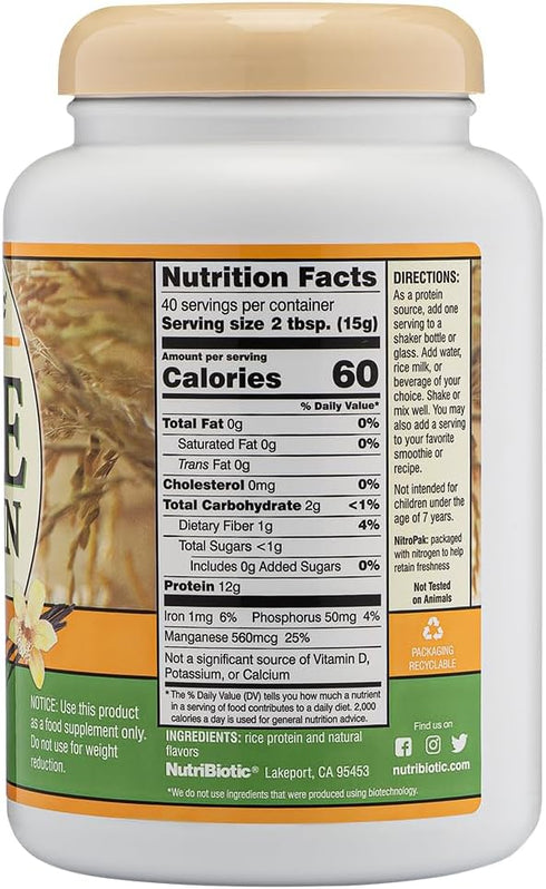 NutriBiotic Vanilla Rice Protein, 1 Lb 5 Oz (600g) - Low Carb, Vegan, Easy to Digest