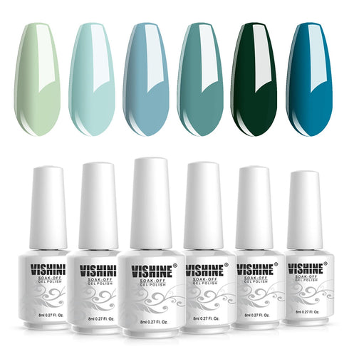 Vishine Gel Nail Polish Gift Set - Teal Blue Olive Green Soak Off UV LED Art Varnish for Home Salon