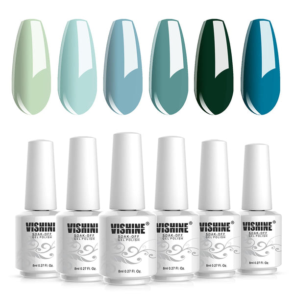 Vishine Gel Nail Polish Gift Set - Teal Blue Olive Green Soak Off UV LED Art Varnish for Home Salon