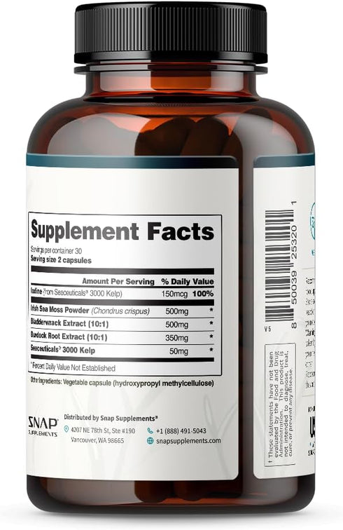 Irish Sea Moss Capsules w/Bladderwrack, Burdock Root & Iodine - 60 Capsules for Mood, Immunity & Digestion Support
