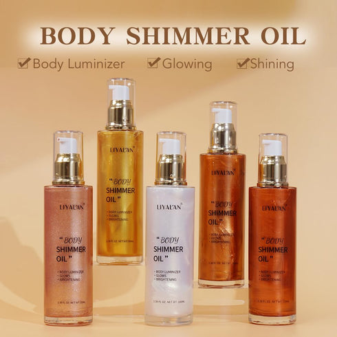 Liyalan Shimmer Body Oil, Bronze Gold 5 Color Highlighter Illuminator, Glitter Liquid Tanning (3.38 Fl Oz/03)