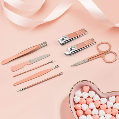 Manicure Set, 8 In 1 Stainless Steel Professional Pedicure Kit, Nail Scissors Grooming Kit with Pink Leather Case