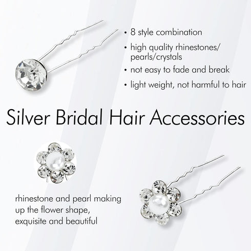inSowni 128 Pack U-shaped Silver Pearl Flower Rhinestone Crystal Hair Pins + Spiral Twist Hair Clips for Brides, Women,