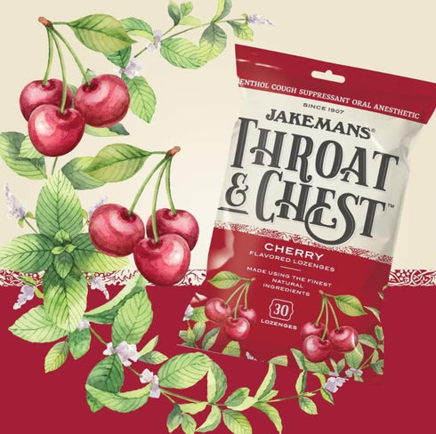 Jakemans Cherry Throat & Chest Lozenges Cough Drops – Soothing Relief for Cough, Sore Throat, Seasonal Distress – 30