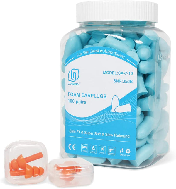 LYSIAN Slim Fit Foam Ear Plugs for Sleeping, 100 Pairs, 35dB SNR Noise Reduction Disposable for Sleep, Snoring, Work