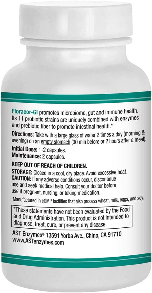 Floracor Supports Gut & Intestinal Health, Premium Probiotic, Prebiotic and Enzyme Formula, 60 Vegetarian Capsules